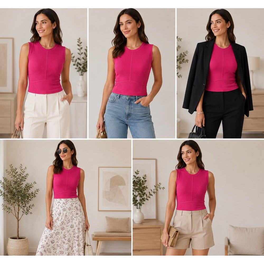 Suzette Collection Ribbed Crop Top Womens M/L Pink Sleeveless Fitted Crew‎